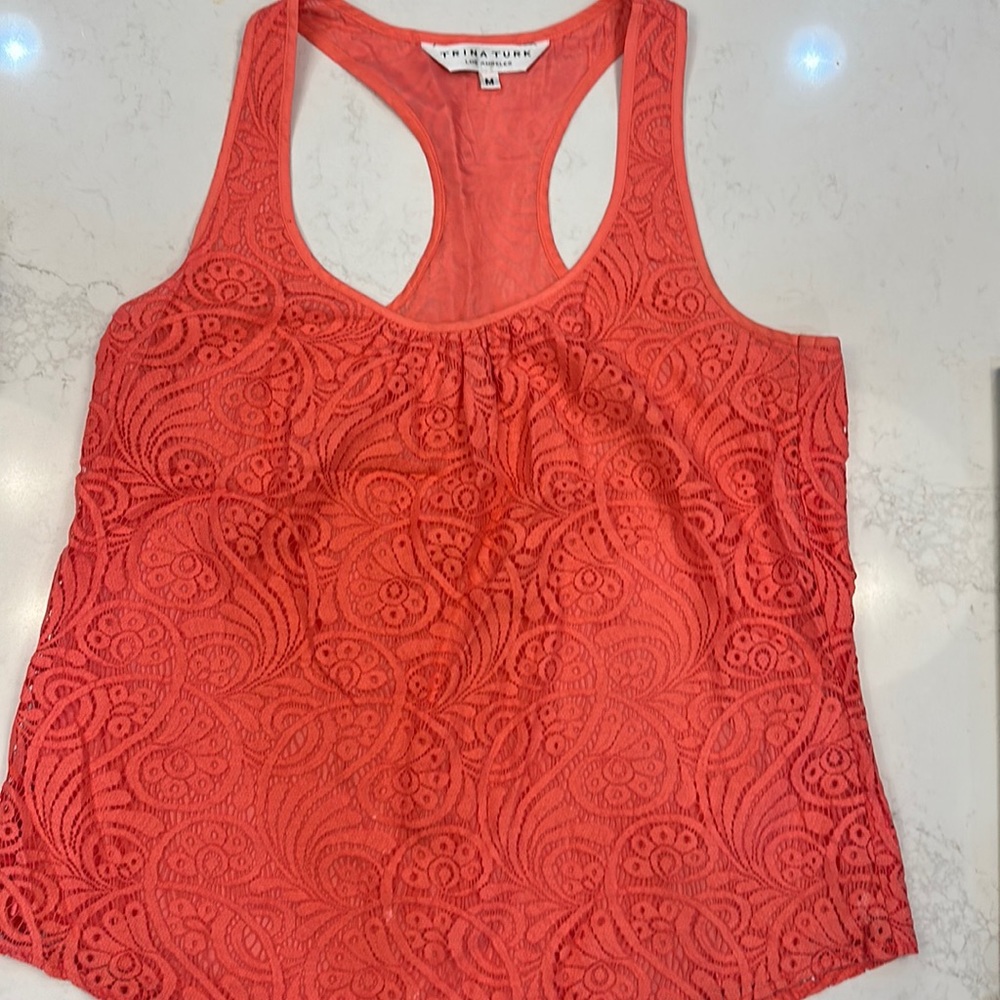 Trina turk bright coral lace overlay top. Easy to wear.